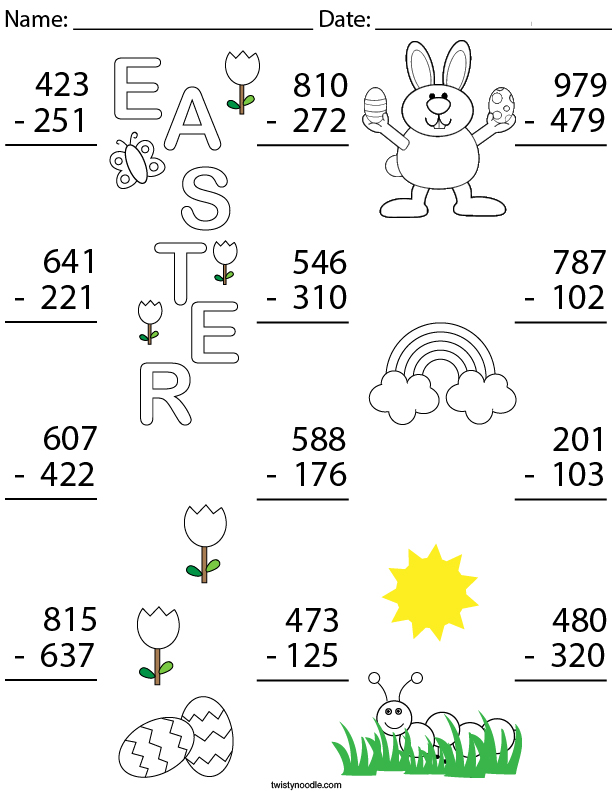 3 Digit Easter Subtraction Math Worksheet Twisty Noodle